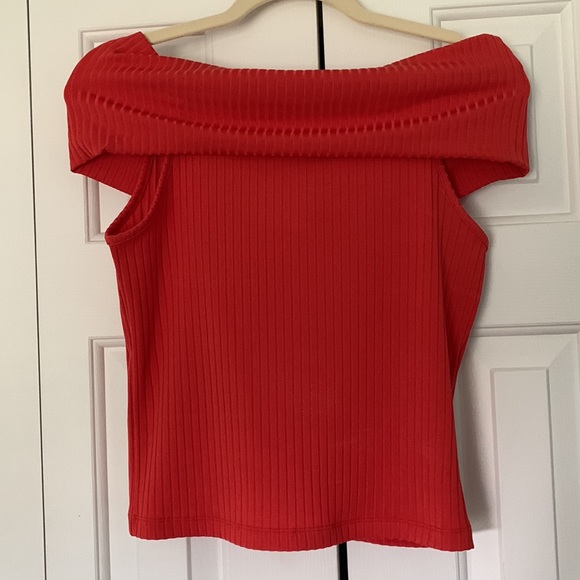 Red Orange Foldover Off the Shoulder Stretch Ribbed Top - ASOS - Picture 3 of 6